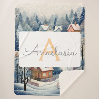Cobertor Sherpa Cena da Aldeia de inverno com Monograma e Nome