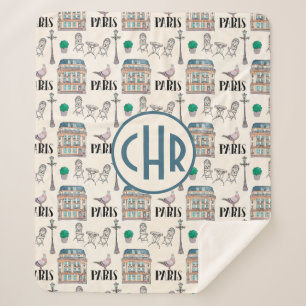 Cobertor Sherpa Cena da rua Cute Paris Monograma de Aquarela