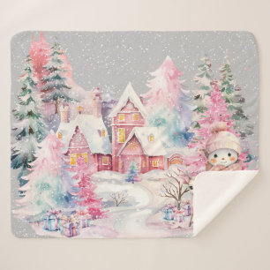 Cobertor Sherpa Cena de Inverno do Boneco de Neve Rosa Fofo