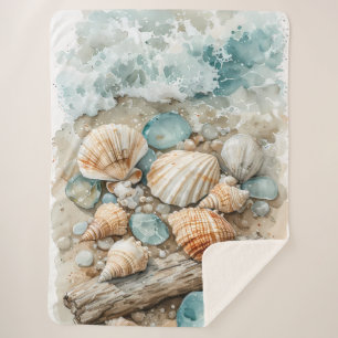 Cobertor Sherpa Cena em aquarela de conchas marinhas costeiras e m