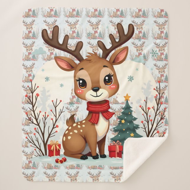 Cobertor Sherpa Cena encantadora de renas de Natal na floresta nev (Frente)