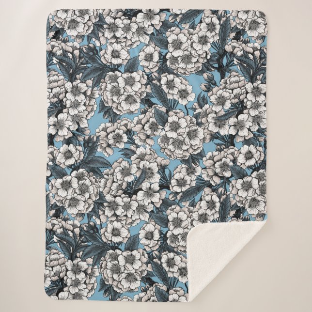 Cobertor Sherpa Cereja floresce em branco e azul (Frente)
