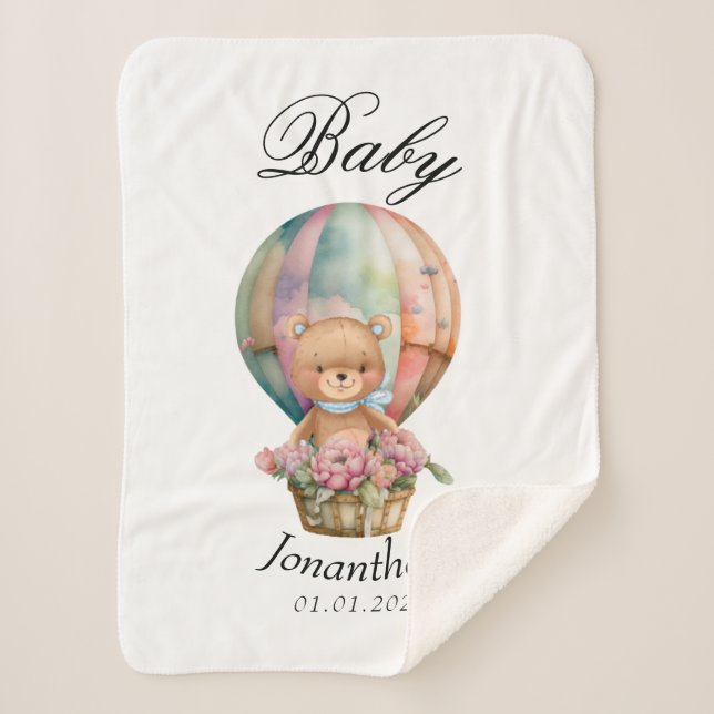 Cobertor Sherpa Chá de fraldas de Balão de Ar Quente Azul Urso (Frente)