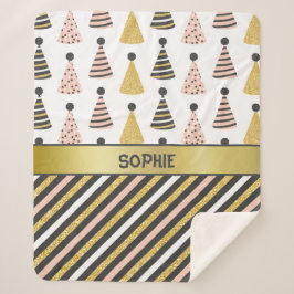 Cobertor Sherpa Chapéus e Stripes de Aniversário Rosa e Cinza