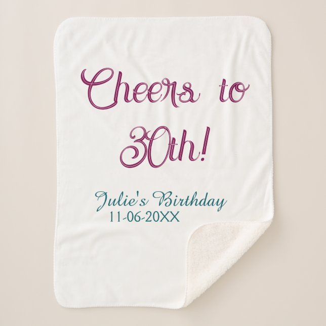 Cobertor Sherpa Cheers to 30th birthday name date mauve blue elega (Frente)