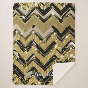 Cobertor Sherpa Chevron Black e Dourado Nome Personalizado