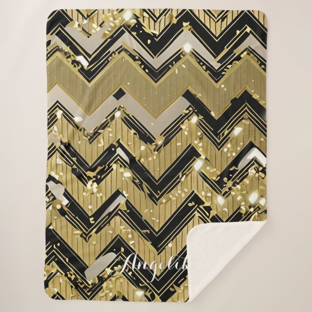 Cobertor Sherpa Chevron Black e Dourado Nome Personalizado (Frente)