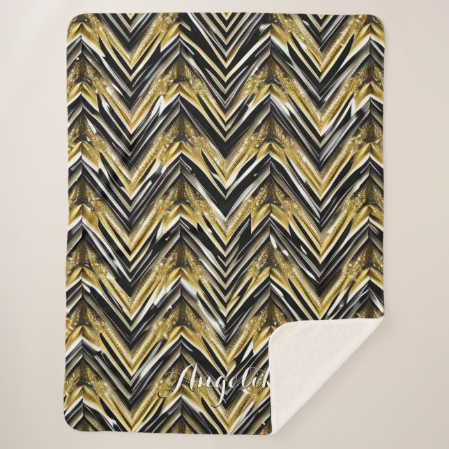 Cobertor Sherpa Chevron Black e Dourado Nome Personalizado (Frente)