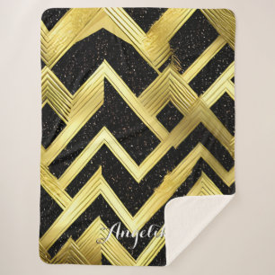 Cobertor Sherpa Chevron Black e Dourado Nome Personalizado