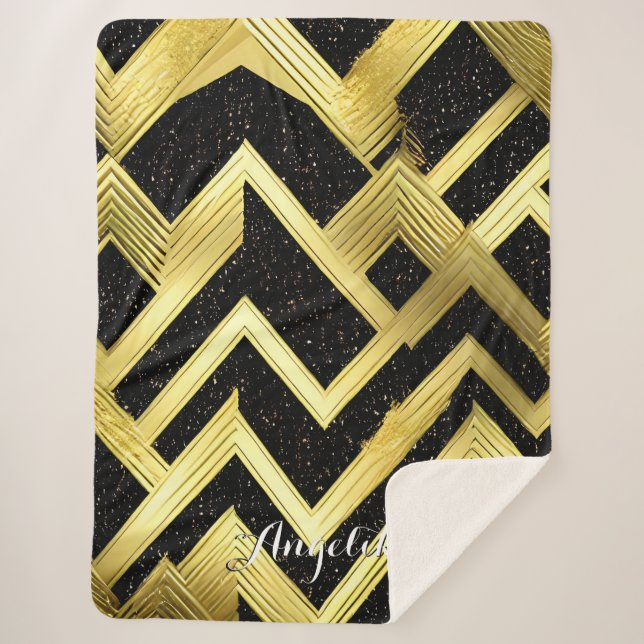 Cobertor Sherpa Chevron Black e Dourado Nome Personalizado (Frente)