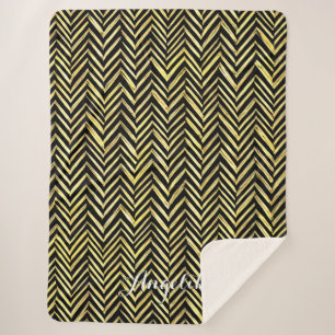Cobertor Sherpa Chevron Personalizado Name em Preto e Dourado