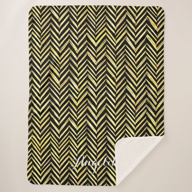 Cobertor Sherpa Chevron Personalizado Name em Preto e Dourado (Frente)