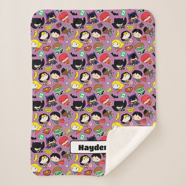 Cobertor Sherpa Chibi Justice League Pattern on Purple (Frente)