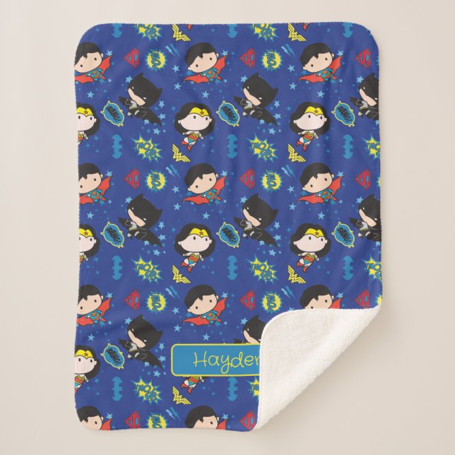 Cobertor Sherpa Chibi Wonder Woman, Super-Homem e Padrão de Batman (Frente)