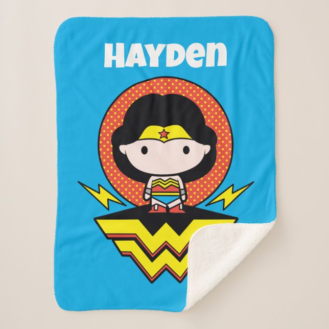 Cobertor Sherpa Chibi Wonder Woman With Polka Dots and Logo (Frente)