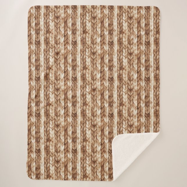 Cobertor Sherpa Chic Brown Cream Faux Stripes Tecidas (Frente)