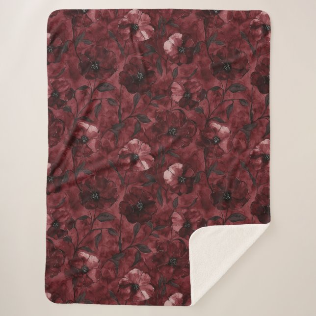 Cobertor Sherpa Chic Burgundy Red Floral (Frente)