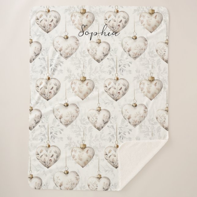 Cobertor Sherpa Chic Cream Grey Hearts Ornaments   (Frente)