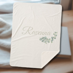 Cobertor Sherpa Chic Eucalipto Sálvia Marfim Nome Personalizado