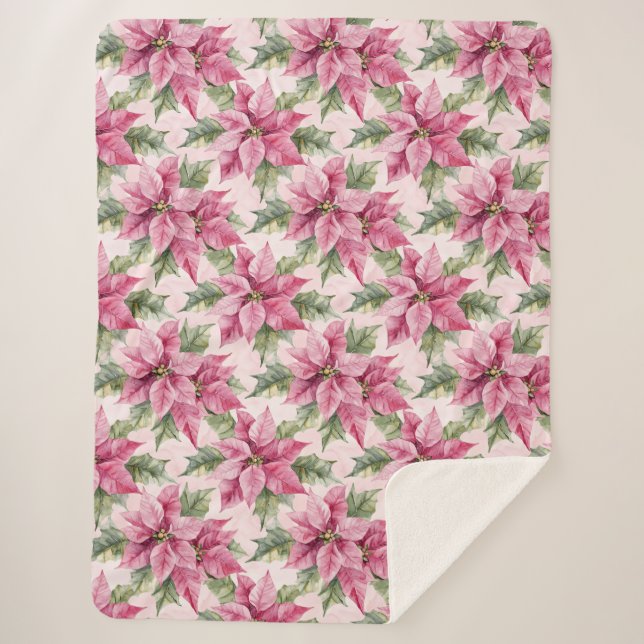 Cobertor Sherpa Chic Pink Poinsettia Flowers Natal (Frente)