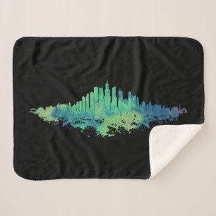 Cobertor Sherpa Chicago City Skyline Watercolor em azul e verde