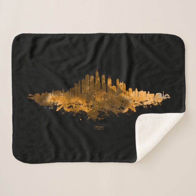 Cobertor Sherpa Chicago City Skyline Watercolor em laranja (Frente (Horizontal))