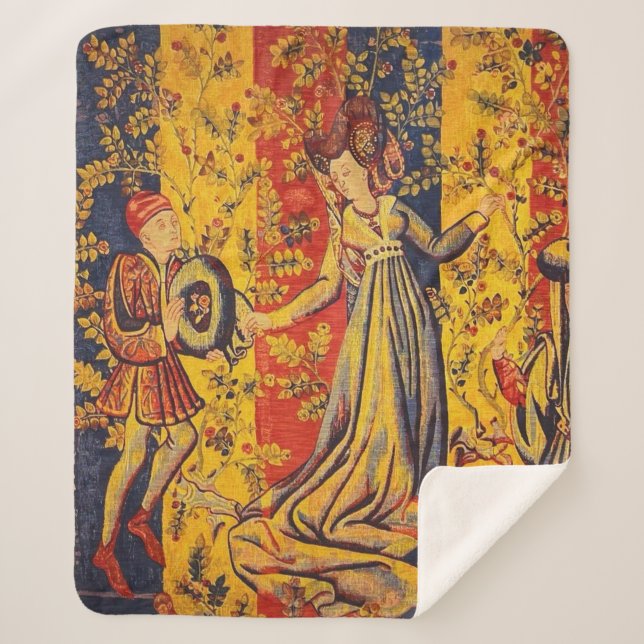 Cobertor Sherpa Chinoiserie amarela azul-vermelha medieval italian (Frente)