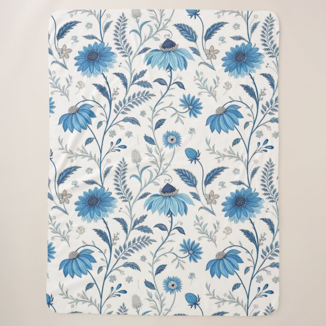 Cobertor Sherpa Chinoiserie Blue Echinacea Pattern (Frente)