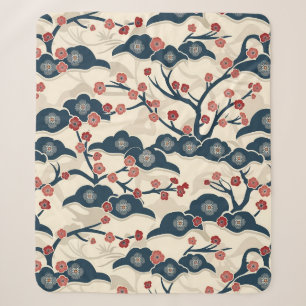 Cobertor Sherpa Chiyogami Japonês Ume Coral Vermelho Índigo Creme