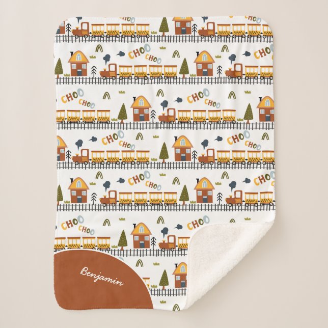 Cobertor Sherpa Choo Choo Train Patterno Nome Criança Pequena (Frente)