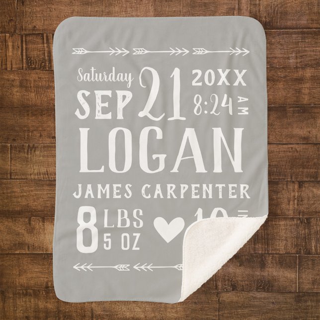 Cobertor Sherpa Cinza Bebê Nascença Stats Keepsaame (Criador carregado)