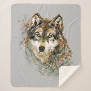 Cobertor Sherpa Cinza de Aquarelas Wolf Animal Willife Nature Art