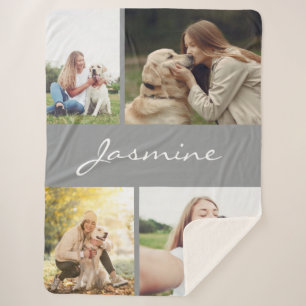 Cobertor Sherpa Cinza de Cães com Colagem de Fotos Moderna