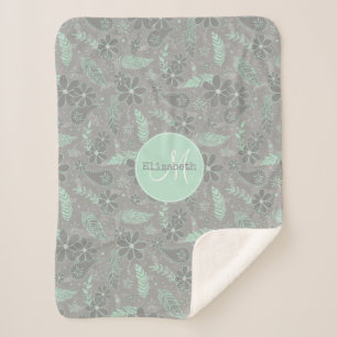 Cobertor Sherpa cinza de menta penas flores de rabisco