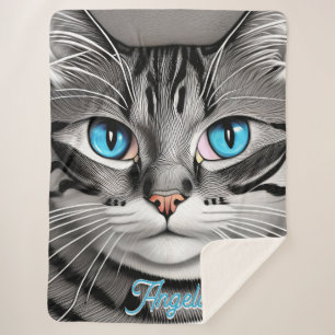 Cobertor Sherpa Cinza de Olhos Turcos Nome Personalizado de Gato