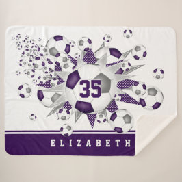 Cobertor Sherpa cinza roxa bolas de futebol estrelas salão esporti