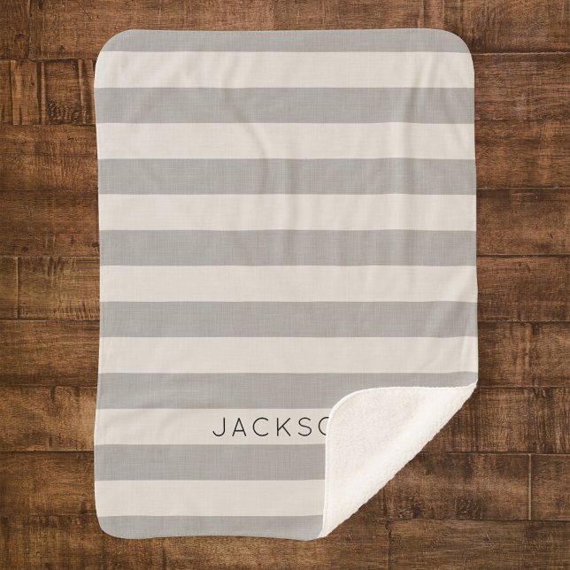 Cobertor Sherpa Cinza Stripe Nome Monograma | Farmhouse Moderna (Criador carregado)