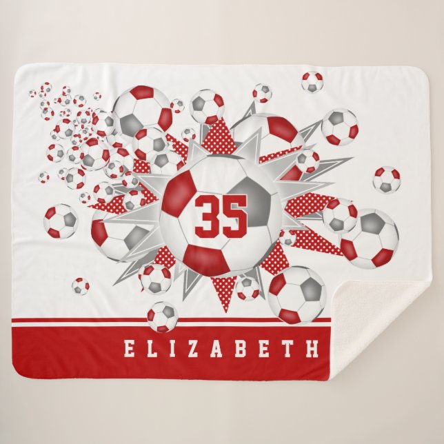 Cobertor Sherpa cinza vermelha esportes esportes bolas de futebol  (Frente (Horizontal))