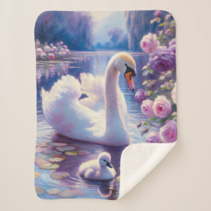Cobertor Sherpa Cisne branco e Cygnet com Rosas roxos