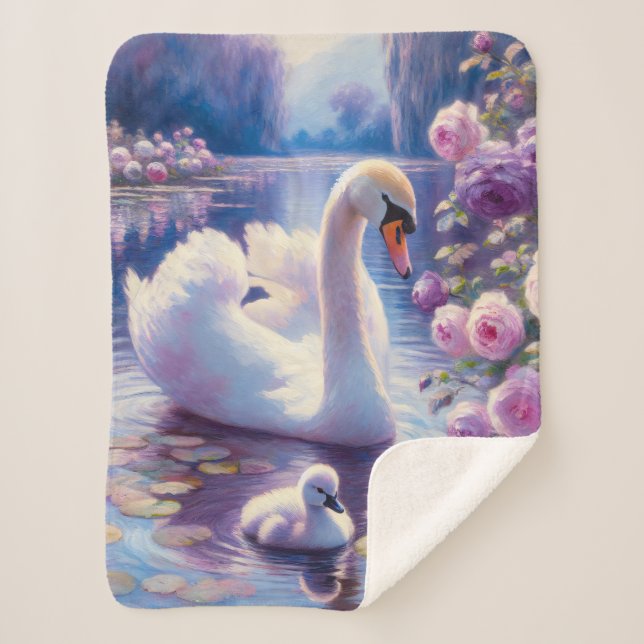 Cobertor Sherpa Cisne branco e Cygnet com Rosas roxos (Frente)