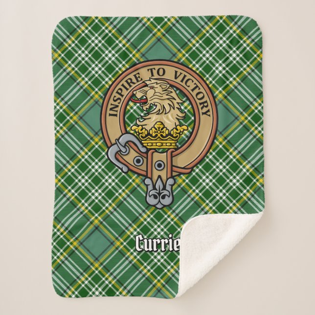 Cobertor Sherpa Clan Currie Lion Crest sobre Tartan (Frente)