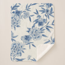 Classic Blue Floral Toile Watercolor Pattern White