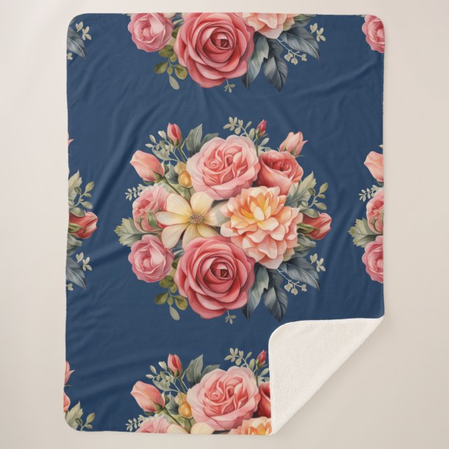 Cobertor Sherpa Classic Pink Roses Floral on a Blue Background (Frente)