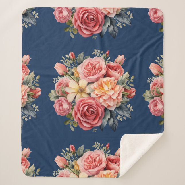 Cobertor Sherpa Classic Pink Roses Floral on a Blue Background (Frente)