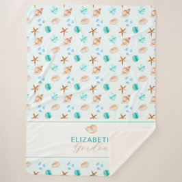 Cobertor Sherpa Coastal Seashell Beach House Decor Monogram