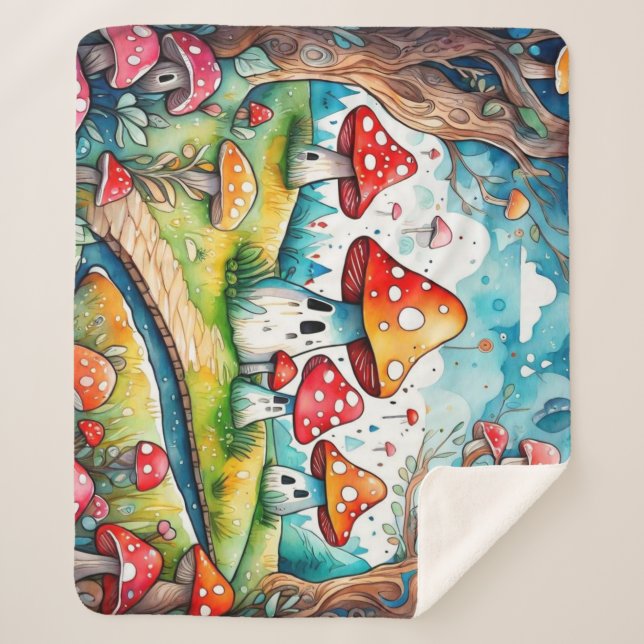 Cobertor Sherpa Cogumelos brancos folhas design (Frente)