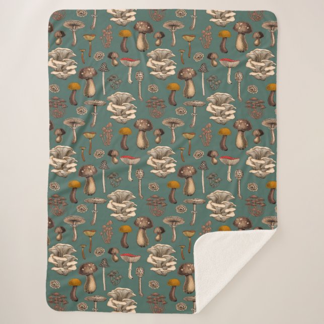 Cobertor Sherpa Cogumelos selvagens em verde-pinheiro (Frente)