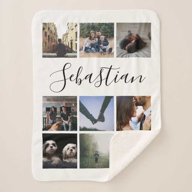 Cobertor Sherpa Colagem de Fotografias de Nome Personalizado (Frente)