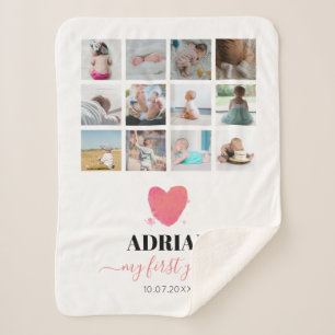 Cobertor Sherpa Colagem de Fotos do primeiro ano do Watercolor Hea