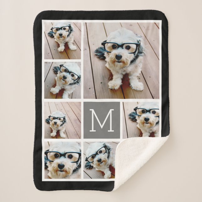 Cobertor Sherpa Colagem de Fotos em Preto e Cinza 8 - monograma cl (Frente)